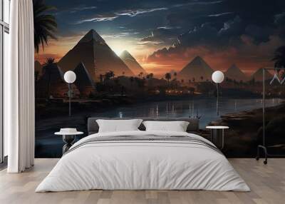 Landscape with ancient Egyptian pyramids, beautiful sunset. AI generation Wall mural