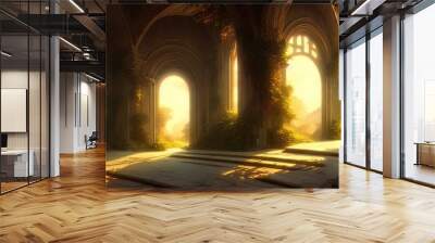 Large panoramic arched windows. Fantasy interior of the palace with windows to the garden. Rays of the sun, shadows. Majestic window. 3D illustration. Wall mural