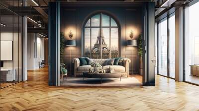 Light classic interior of an apartment in France with a large window and a view of the Eiffel Tower. AI Wall mural