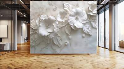 Light decorative texture of plaster wall with volumetric decorative flowers. Wall mural