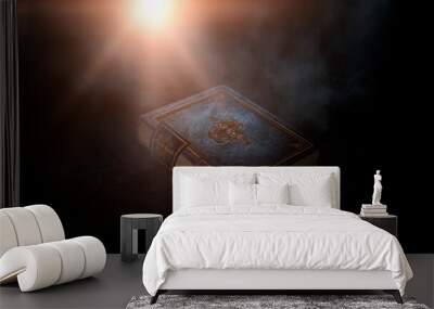 Magic old book on a dark background, smoke, fog, neon light in the dark.  Wall mural