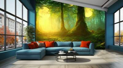 Magical dark fairy tale forest, neon sunset, rays of light through the trees. Fantasy forest landscape. Unreal world, moon, moss. 3D illustration. Wall mural