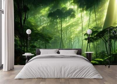 Magical dark fairy tale forest, neon sunset, rays of light through the trees. Fantasy forest landscape. Unreal world, moss. 3D illustration. Wall mural