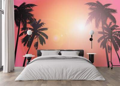 Marine background, palm trees on sunset background Wall mural