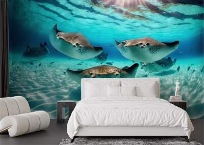 Marine fish, stingray. Unique deep inhabitants of the underwater world. The slopes at the bottom of the island with white sand, the beautiful waves of the ocean, the reflection of light on the sand.  Wall mural