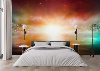 Modern futuristic fantasy night landscape with abstract islands and night sky with space galaxies. Multicolor neon glow. Reflection of light in water, stars. Empty scene, landscape. Wall mural