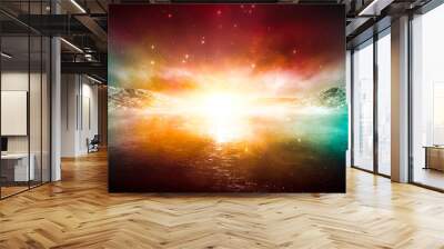 Modern futuristic fantasy night landscape with abstract islands and night sky with space galaxies. Multicolor neon glow. Reflection of light in water, stars. Empty scene, landscape. Wall mural