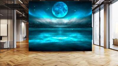 Modern futuristic fantasy night landscape with abstract islands and night sky with space galaxies. Multicolor neon glow. Reflection of light in water, stars. Empty scene, landscape. Wall mural