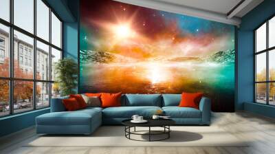 Modern futuristic fantasy night landscape with abstract islands and night sky with space galaxies. Multicolor neon glow. Reflection of light in water, stars. Empty scene, landscape. Wall mural