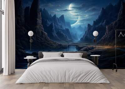 Mountain river in a gorge, fantasy night landscape, moonlight blue light. Generation AI Wall mural