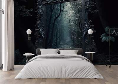 Mystical gothic mirror, dark gloomy background with fantasy mirror, reflection of darkness, dark forest. AI Wall mural