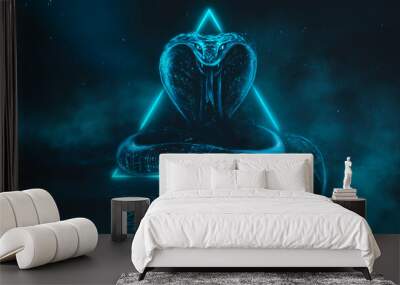 Mystical snake, red neon light. Dark fantastic landscape, night view, light reflection in the water. A terrible big snake goes around the island in the dark. 3d illustration  Wall mural