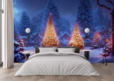 New Year's winter garden with decorated Christmas trees, lights, garlands. Festive New Year decorations, festive city. Christmas lanterns, decorated street, winter, snow, postcard.  Wall mural