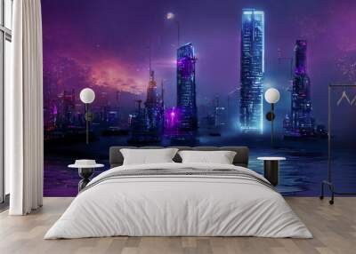 Night city, neon lights of the metropolis. Reflection of neon lights in the water. Modern city with high-rise buildings. Night street scene, city on the ocean. 3D illustration. Wall mural