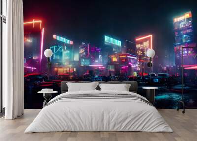 Night city, neon lights of the metropolis. Reflection of neon lights in the water. Modern city with high-rise buildings. Night street scene, city on the ocean. 3D illustration. Wall mural