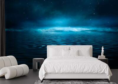 Night fantasy landscape, starry sky. Reflection of moonlight on ice, fog. Dark landscape. Night view of the horizon. 3D illustration. Wall mural