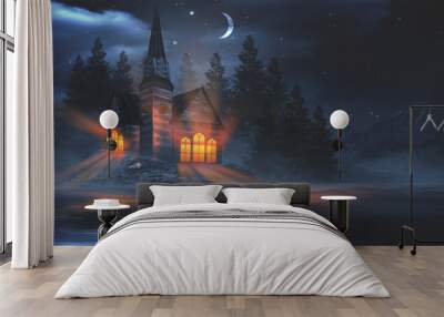 Night fantasy landscape with abstract mountains and island on the water, wooden house on the shore, church, moonlight, fog, night lamp. 3D  Wall mural