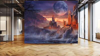 Night fantasy mountain landscape, neon sunset, old castle on the mountain, old trees, birches of a frozen mountain river, winter fairytale landscape, sick moon. 3D illustration. Wall mural