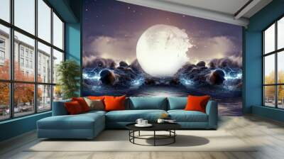 Night fantasy seascape with beautiful waves and foam. Night view of the ocean. Neon foam on water waves. Reflection in the water of the starry sky. 3D illustration. Wall mural