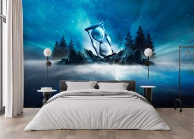 Night futuristic seascape. Reflection of the moon on sea water. Large stones, rocks on the shore, trees. Rays of meteorites, neon blue light. Night landscape, islands. Wall mural