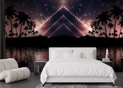 Night landscape with palm trees, against the backdrop of a neon sunset, stars. Silhouette coconut palm trees on beach at sunset. Space futuristic neon landscape. Beach party. 3D illustration. Wall mural