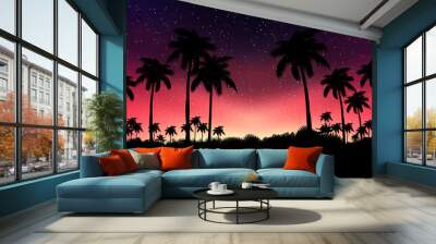 Night landscape with palm trees, against the backdrop of a neon sunset, stars. Silhouette coconut palm trees on beach at sunset. Vintage tone. Wall mural