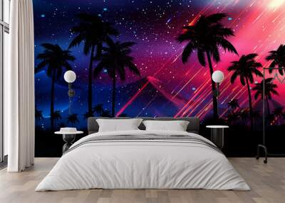 Night landscape with stars, sunset, stars. Silhouette coconut palm trees Vintage tone. Lights of the night city, neon, coast. Wall mural