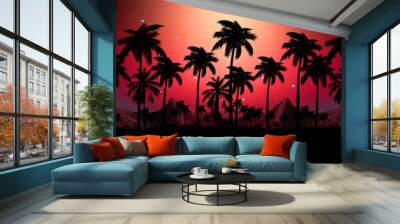 Night landscape with stars, sunset, stars. Silhouette coconut palm trees Vintage tone. Lights of the night city, neon, coast. Wall mural