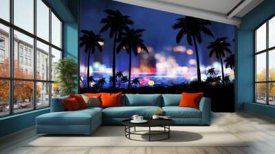 Night landscape with stars, sunset, stars. Silhouette coconut palm trees Vintage tone. Lights of the night city, neon, coast. Wall mural