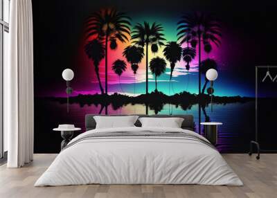 Night neon landscape with palm trees, night background, 90s, retro style, Bright multi-colored neon, seascape. AI Wall mural