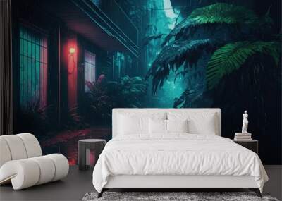 Night tropical city in cyberpunk style, neon light, tropical plants, rain, wet asphalt, water. AI Wall mural