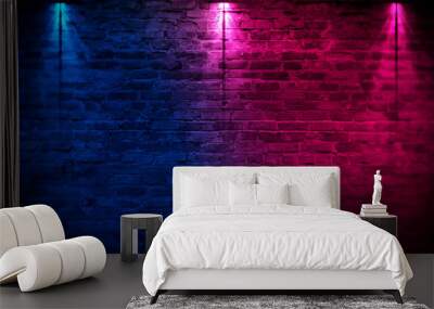 Old brick wall with neon lights. Neon shapes on brick wall background. Dark empty room with brick walls. Wall mural