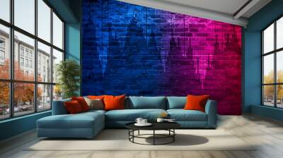 Old brick wall with neon lights. Neon shapes on brick wall background. Dark empty room with brick walls. Wall mural