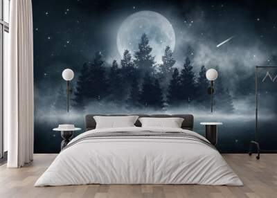 Open wooden doors. In the background the night landscape of the winter forest, the moon, light. Cold weather, smog, frost, fog. Wall mural