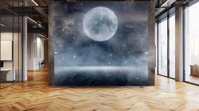 Open wooden doors. In the background the night landscape of the winter forest, the moon, light. Cold weather, smog, frost, fog. Wall mural