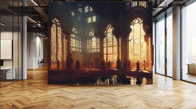 Palace interior with high stained-glass windows made of multi-colored glass, an old majestic hall, sun rays through the windows. Dark fantasy interior. 3D illustration. Wall mural