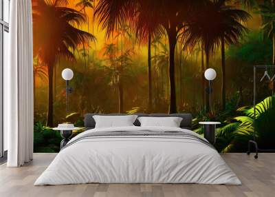 Palm neon forest, jungle at sunset. Unreal forest. Beautiful neon fantasy landscape. 3D illustration. Wall mural