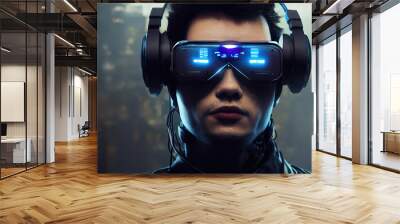 Portrait of a man against the background of a night neon city in VR glasses with wires. Metaverse, science fiction, virtual reality style. 3D illustration Wall mural