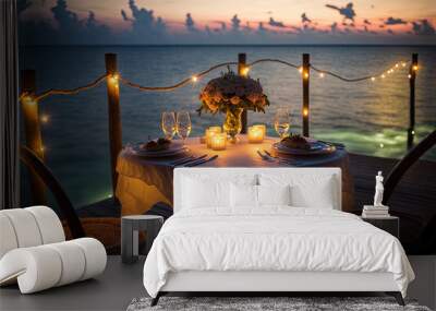 Romantic evening by the sea. Evening sunset, festive wooden table setting, lanterns, flowers and candles. Night seascape, rest. AI Wall mural