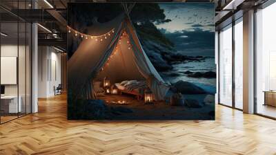 Romantic evening camping by the sea. Tent with lanterns, flowers and candles. Romantic vacation by the sea. Night seascape, rest. AI Wall mural