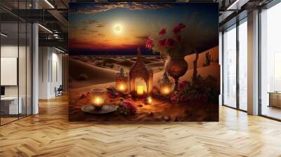 Romantic evening in the desert on the sand. Evening sunset, lanterns, flowers and candles. Night desert landscape, rest. AI Wall mural