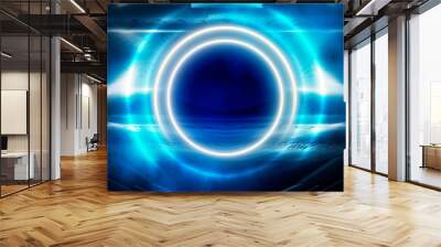 Round abstract tunnel, blue neon. Neon circle light arch, in the center, light, rays, smoke. Abstract blue background with rays and neon. Wall mural