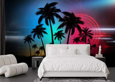 Space futuristic landscape. Neon palm tree, tropical leaves. Wall mural