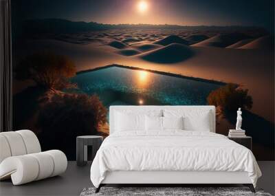 Swimming pool in the desert, beautiful sunset, reflection in the water. AI Wall mural