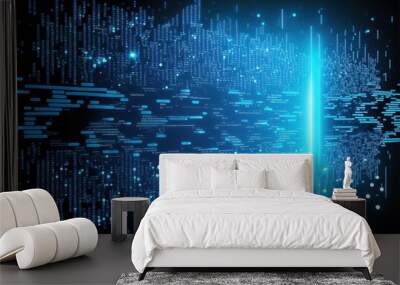 Technology background with abstract digital code motion cyberspace. Abstract high-tech blue neon background for communication concept with digital flow in a cyber space matrix. AI Wall mural