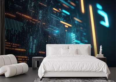 Technology background with abstract digital code motion cyberspace. Abstract high-tech blue neon background for communication concept with digital flow in a cyber space matrix. AI Wall mural