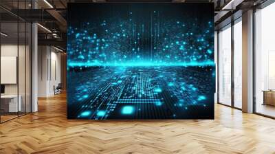 Technology background with abstract digital code motion cyberspace. Abstract high-tech blue neon background for communication concept with digital flow in a cyber space matrix. AI Wall mural