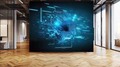 Technology background with abstract digital code motion cyberspace. Abstract high-tech blue neon background for communication concept with digital flow in a cyber space matrix. AI Wall mural