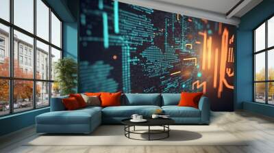 Technology background with abstract digital code motion cyberspace. Abstract high-tech blue neon background for communication concept with digital flow in a cyber space matrix. AI Wall mural