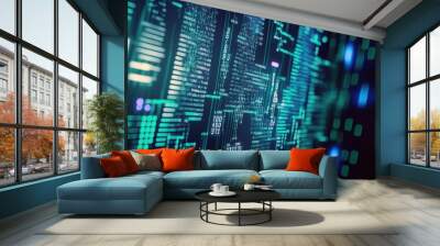 Technology background with abstract digital code motion cyberspace. Abstract high-tech blue neon background for communication concept with digital flow in a cyber space matrix. AI Wall mural